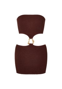 Haut bandeau en tricot brun avec une finition texturée, présentant un design à découpe rejoint par un accent en métal doré au centre.