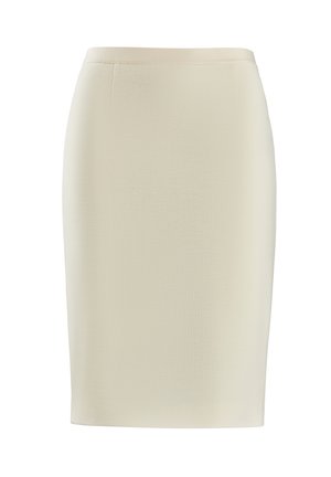 Cream-colored pencil skirt made of smooth fabric, featuring a fitted design and clean lines, with no visible patterns or hardware.