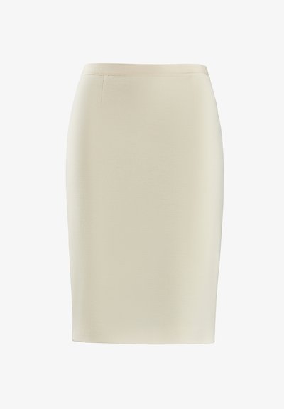 Kremkrāsas svārki ar zīmuli, izgatavoti no gludas auduma, ar pieguļošu dizainu un tīrām līnijām, bez redzamām rakstām vai aparatūras.