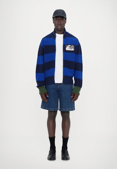 Knitted zip-up jacket with blue and navy stripes, green cuffs; white t-shirt, denim shorts, black loafers, and a black cap.