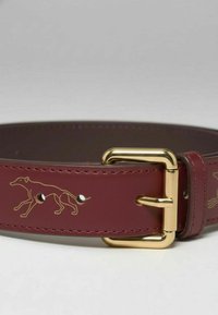 Burgundowy pasek ze skóry z motywem chartów w kolorze złoto-szarym i metalową klamrą. Gładka faktura ozdobiona ćwiekami wzdłuż całej długości.