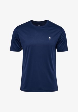 Marineblaue kurzärmelige T-Shirt aus glattem, atmungsaktivem Stoff. Verfügt über ein kleines weißes Chevron-Logo auf der linken Brust.