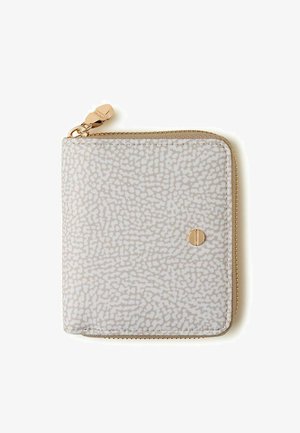Compact square gray wallet with subtle textured pattern, gold zipper, and small round gold logo emblem on front.