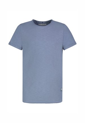 Plain light blue short-sleeve crew neck T-shirt with subtle heather texture and a small fabric label near the bottom hem.