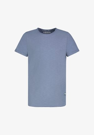 Plain light blue short-sleeve crew neck T-shirt with subtle heather texture and a small fabric label near the bottom hem.