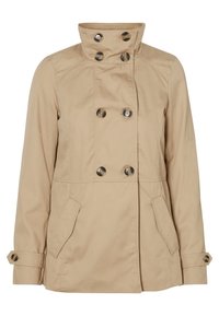Beige trenchcoat met dubbele knopen, verhoogde kraag en twee zijzakken. Gemaakt van een soepele stof met een getailleerde pasvorm.