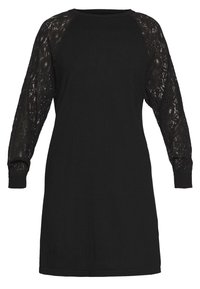 Zwarte jurk met een afgeronde halslijn, lange zwarte kanten mouwen en geribbelde manchetten. Gladde stof met bloemrijke kanten details op de mouwen.