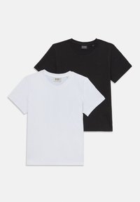 Set aus zwei Rundhals-T-Shirts, eines in Weiß und eines in Schwarz. Hergestellt aus Baumwolle, mit kurzen Ärmeln und einer weichen, glatten Textur.