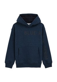 Temno modra pulover majica s kapuco, z žepom na sprednji strani in delno vidnim napisom "BLUE RIDGE DENIM" na prsih in levi rokav.