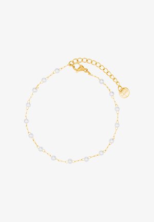 Gouden kettingarmband met witte parels, afwisselend geplaatst, met een kreeftsluitingen en een verstelbare ketting voor een goede pasvorm. Gladde, glanzende textuur.
