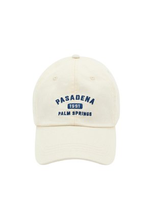 Krémbézs baseballsapka kék felirattal, amelyen az áll: "PASADENA 1991 PALM SPRINGS", középen az elején található panelem.