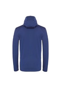 Navy hooded jacket with long sleeves, smooth texture, and flat seams. Features a high collar and a minimalist design without embellishments.