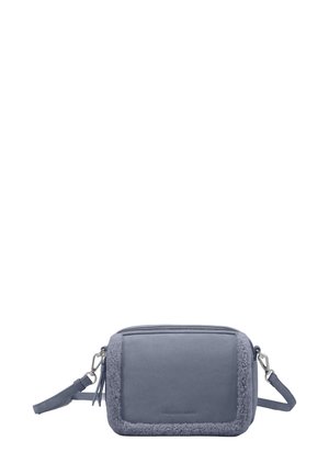 Gray crossbody bag featuring leather and plush shearling material, rectangular shape, zip closure, and an adjustable strap.