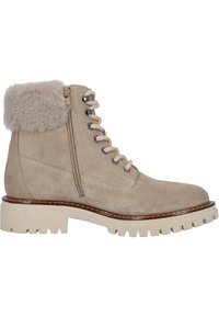 Botín de ante beige hasta el tobillo con cuello de pelo sintético, sistema de cordones, cremallera lateral y suela gruesa de goma blanca con patrón de agarre.