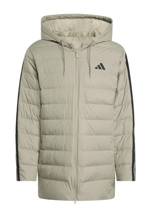 Giacca imbottita beige chiaro con cappuccio, chiusura frontale con zip, strisce nere lungo le maniche e piccolo logo nero sul petto.