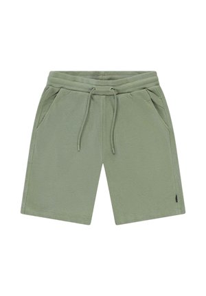 Groene katoenen korte broek met een zachte textuur, voorzien van een elastische tailleband, trekkoord en twee zijzakken. Eenvoudig ontwerp zonder zichtbare patronen.