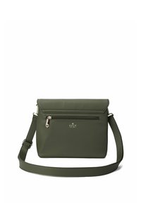 Zelená syntetická crossbody taška se zipovou kapsou, plochým designem, nastavitelným popruhem a zlatým potiskem loga na přední straně.