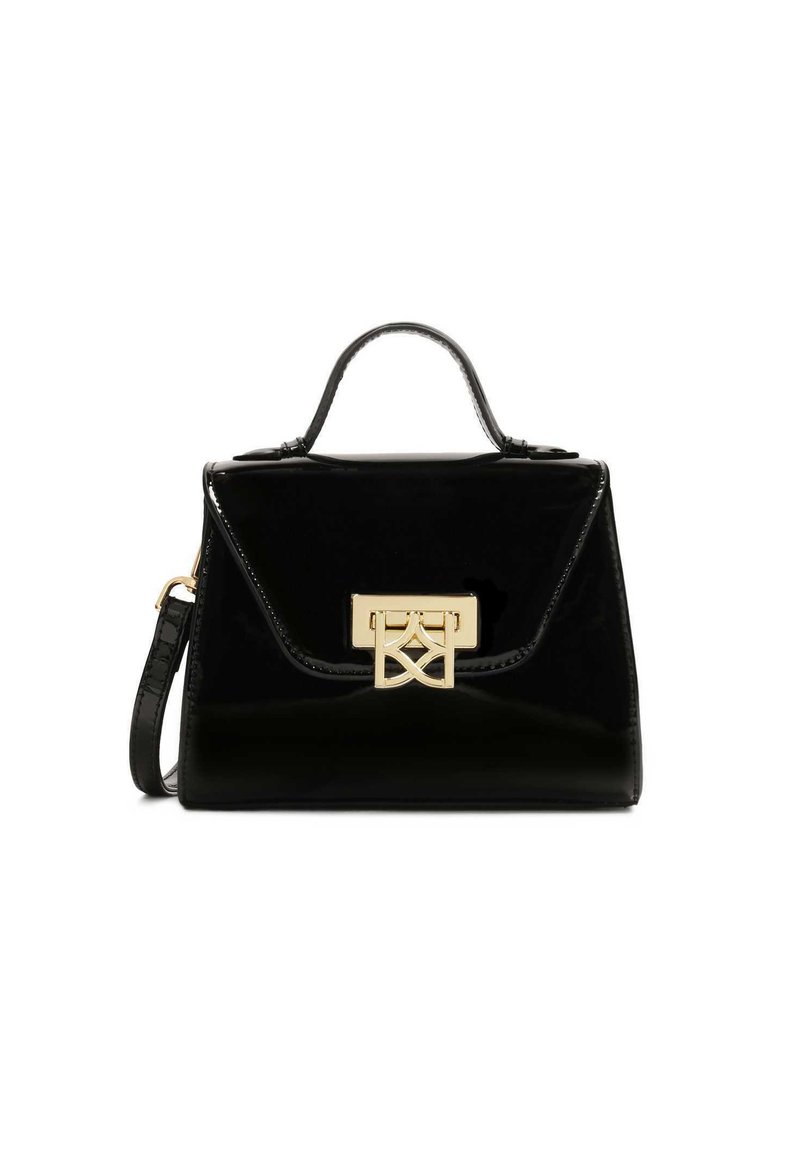 Crna lakirana kožna torba sa strukturiranim oblikom, zlatnim hardverom, gornjom ručkom i odvojivim remenom za rame; sadrži prednji kopčani zatvarač.