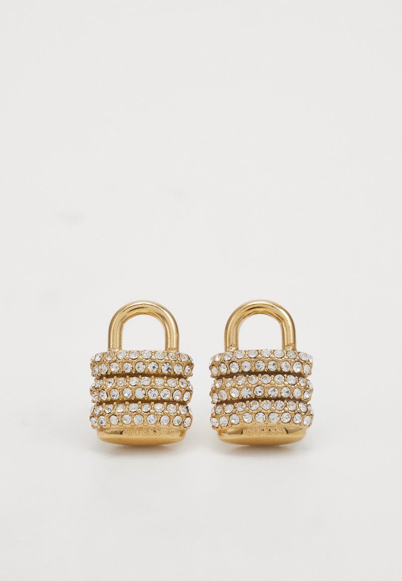 Guld hängörhängen i form av hänglås med flera rader av klara rhinstenar, med en slät och glansig yta samt en säker loopdesign upptill.