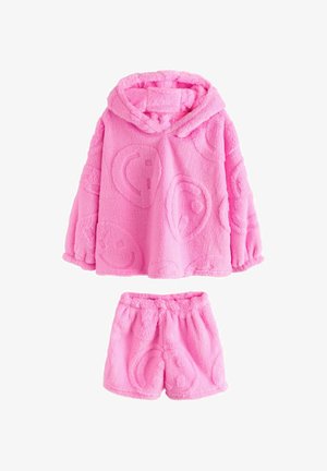 Roosa, pehme kahest osast koosnev mugavuskomplekt, millel on kapuutsiga ülaosa naeratavate näopiltidega ja sobivad lühikesed püksid. Pehme tekstuur ja lõdvestunud lõige.