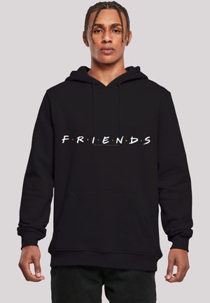 Black hoodie with front pocket, featuring the word "FRIENDS" in colorful, bold lettering. Soft fabric, adjustable drawstring hood.