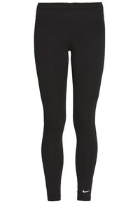 Svarta leggings i stretchigt material med en slät yta. Har en slimmad design och en liten vit Nike-logotyp på den nedre vänstra benet.