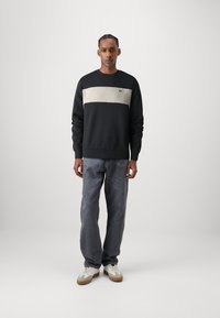 Felpa nera con una striscia orizzontale color crema sul petto, polsini a coste e un piccolo logo. Abbinata a jeans grigi larghi e sneakers bianche.