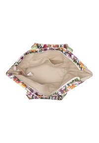 Sac en tissu à motif floral avec un intérieur beige et deux compartiments. Dispose d'une fermeture éclair et de poignées robustes.