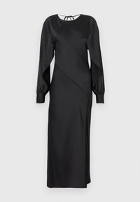 Melnas satīna kleitas ar apaļu dekoltē, garām pūkainām piedurknēm un asimetrisku dizainu. Aizmugurē ir apdare ar banti.