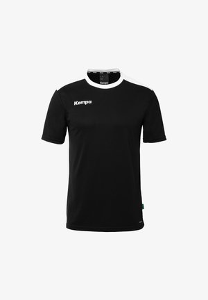 T-shirt de sport noir à manches courtes et col rond. Présente des accents blancs sur les épaules et le logo "Kempa" en blanc à l'avant.