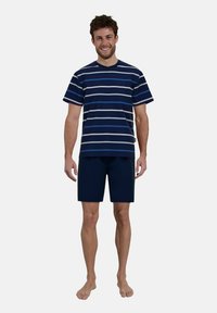 Navy striped t-shirt with blue and light gray horizontal lines, paired with solid navy shorts. Lightweight fabric and relaxed fit.