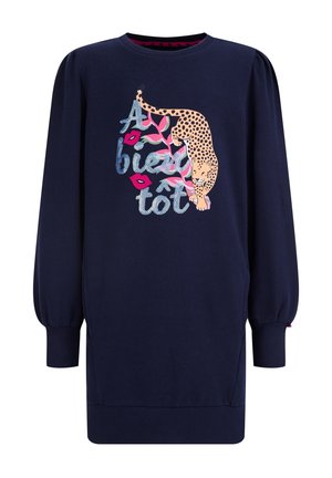 Robe bleu marine à manches longues avec épaules bouffantes, poignets à revers, et impression frontale d'un léopard tacheté, de feuilles roses, de lèvres, et du texte "A bientôt".