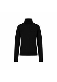 Maglione a collo alto nero in materiale knit leggero con maniche lunghe. Presenta un orlo e polsini a coste, logo impresso sul petto.