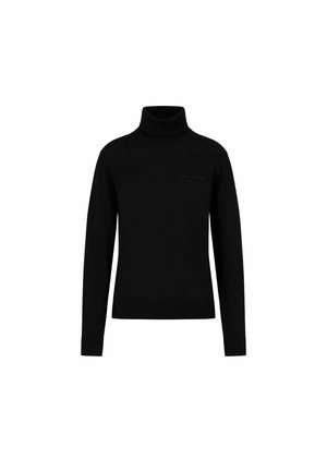 Maglione a collo alto nero in materiale knit leggero con maniche lunghe. Presenta un orlo e polsini a coste, logo impresso sul petto.