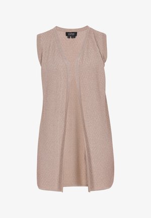 Gilet lavorato a maglia beige senza maniche con apertura frontale, bordi a coste, tessuto strutturato e vestibilità comoda.