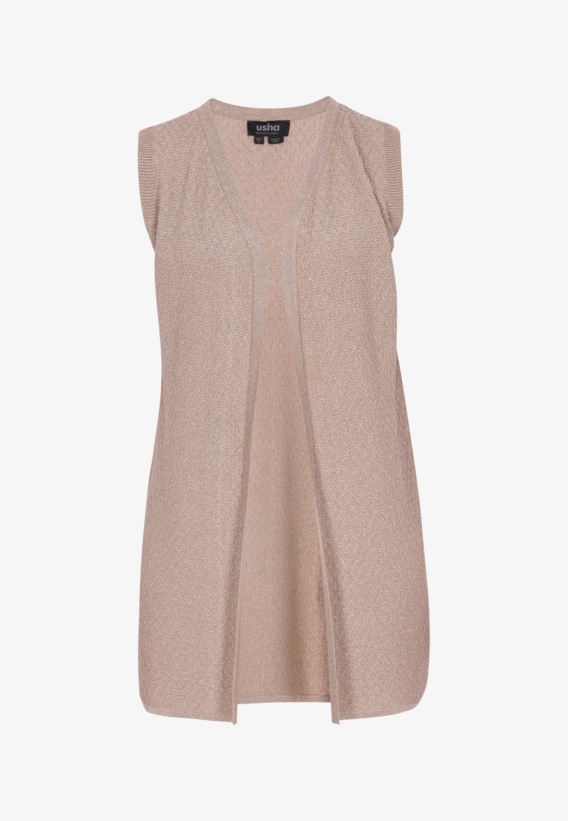 Ærmeløs beige strikket vest med åben front og ribbede kanter, tekstureret stof og en afslappet pasform.