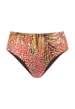 Majtki bikini z wysokim stanem, ozdobione żywym wzorem z czerwonymi, pomarańczowymi i zielonymi kropkami oraz motywami liści palmowych. Brązowe wykończenie na krawędziach.