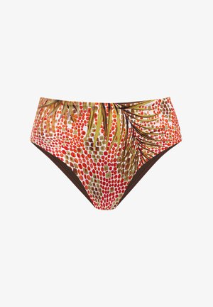 Majtki bikini z wysokim stanem, ozdobione żywym wzorem z czerwonymi, pomarańczowymi i zielonymi kropkami oraz motywami liści palmowych. Brązowe wykończenie na krawędziach.