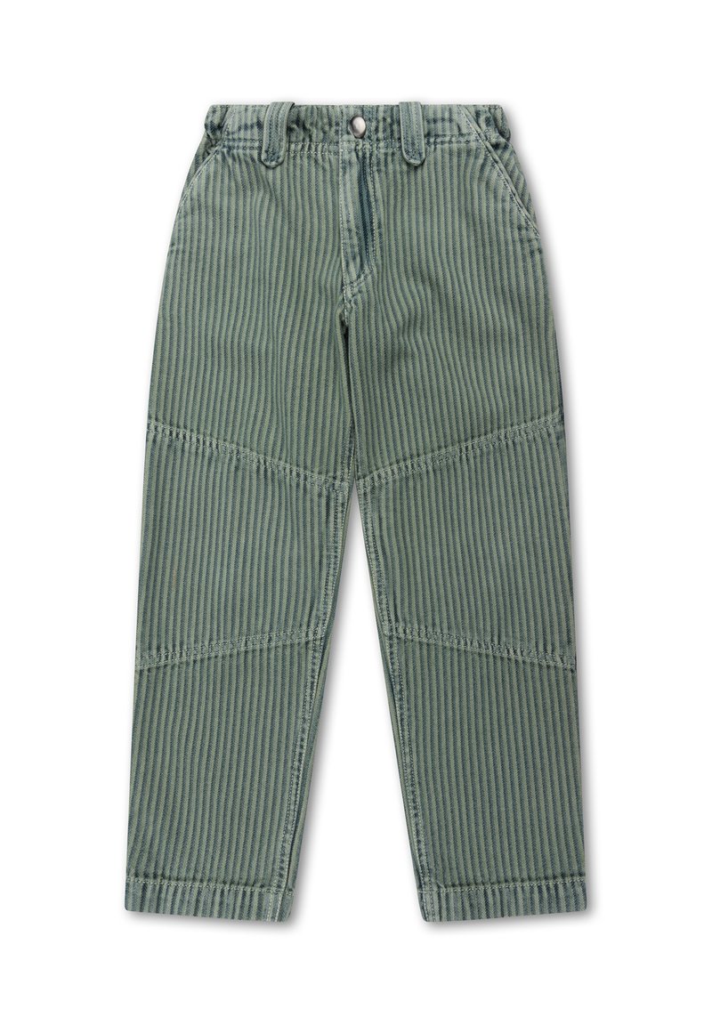 Kinderen groene en grijze verticaal gestreepte broek met elastische tailleband, voor knop, riemlussen, zijzakken en kniestukken.