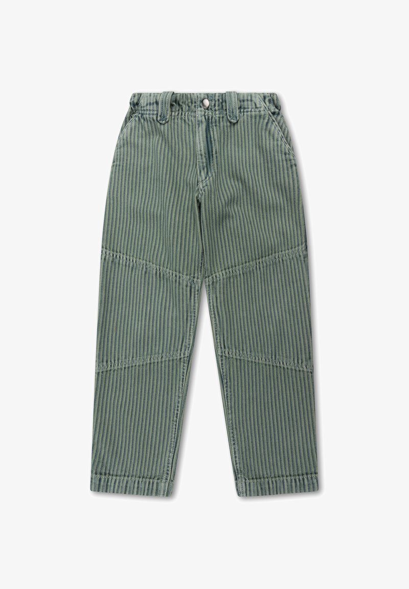 Kinderen groene en grijze verticaal gestreepte broek met elastische tailleband, voor knop, riemlussen, zijzakken en kniestukken.