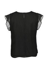 Blusa nera realizzata in tessuto leggero e testurizzato con pois, maniche corte a volant e chiusura con zip sul retro.