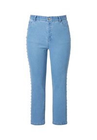 Ljusblå denimjeans med rak bendesign, med tryckknappar längs sömmen och en klassisk midja.