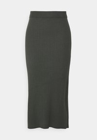 Ribbed dark green midi skirt with a fitted waistband and subtle flared hem, made from soft, stretchy fabric for comfort.