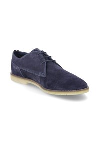 Navy Wildleder Schnürschuhe mit texturiertem Finish, beigefarbenem Gummisohle und gestellten Nähten. Sie haben ein klassisches Design und eine spitze Zehenform.
