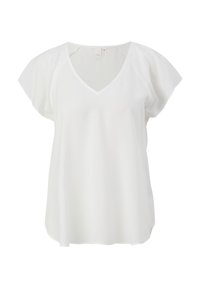 Blouse blanche à manches courtes avec col en V et coupe ample, présentée sur un fond blanc uni.
