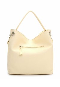 Cremefarvet læderhåndtaske med et blødt design, der har et håndtag øverst, en lynlåslomme foran og sølvfarvede metaldetaljer.