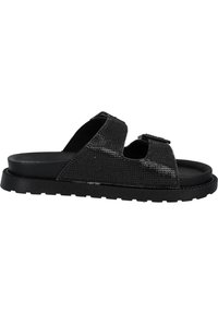 Sandalo nero con texture sintetica, dotato di due cinturini regolabili e suola interna imbottita, completo di suola in gomma per una buona aderenza.