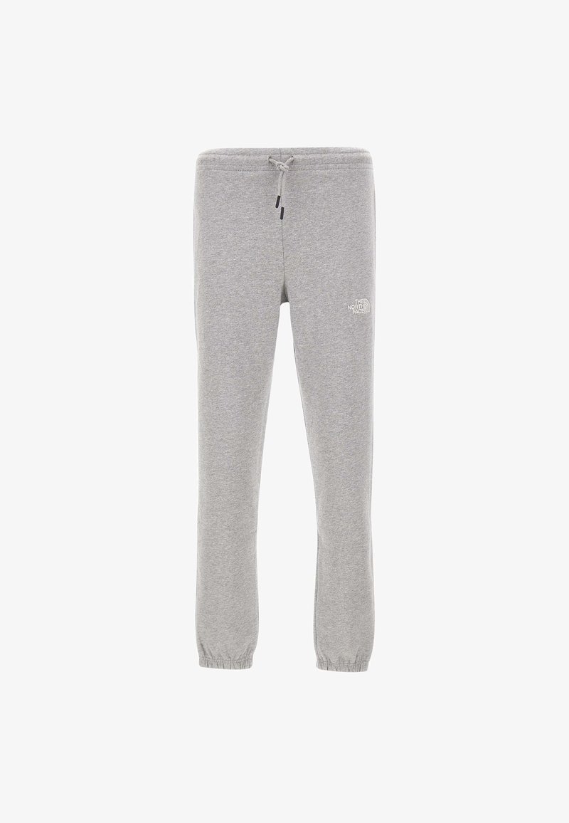 Pantalons de survêtement gris en tissu doux, dotés d'une taille élastique avec cordon de serrage et de poignets élastiques. Le logo The North Face est affiché sur la cuisse gauche.