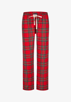 Rode geruite broek met een trekkoord in de taille, met groene en gele strepen in het patroon. Gemaakt van zachte stof met een ontspannen pasvorm.