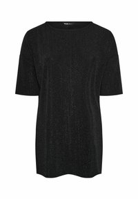 Top corto nero a maniche corte con texture a costine e una delicata scintillio, scollatura rotonda e vestibilità rilassata, realizzato in un materiale morbido ed elasticizzato.